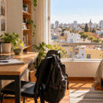 Quarto-de-estudante-organizado-e-iluminado-com-escrivaninha-notebook-livros-e-mochila-com-vista-para-a-cidade-de-Pelotas