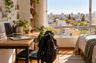 Quarto-de-estudante-organizado-e-iluminado-com-escrivaninha-notebook-livros-e-mochila-com-vista-para-a-cidade-de-Pelotas