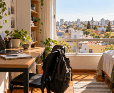 Quarto-de-estudante-organizado-e-iluminado-com-escrivaninha-notebook-livros-e-mochila-com-vista-para-a-cidade-de-Pelotas