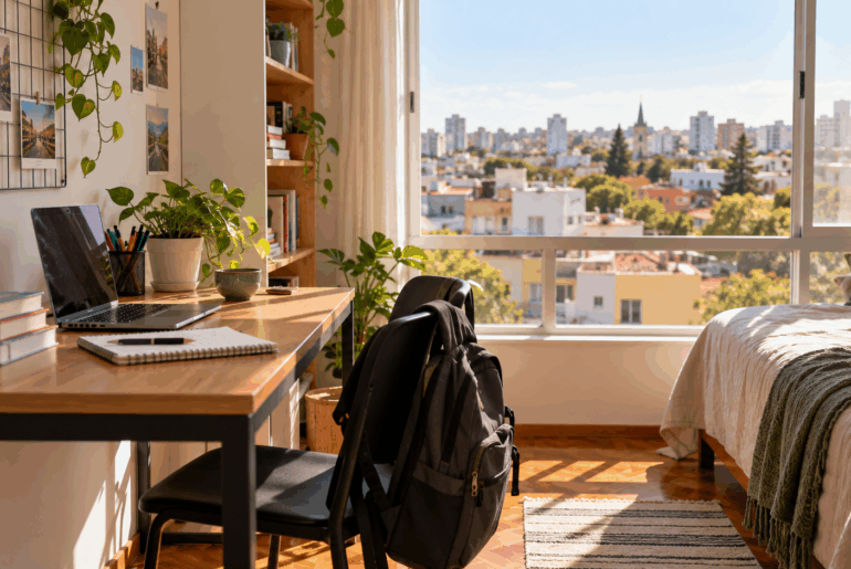 Quarto-de-estudante-organizado-e-iluminado-com-escrivaninha-notebook-livros-e-mochila-com-vista-para-a-cidade-de-Pelotas